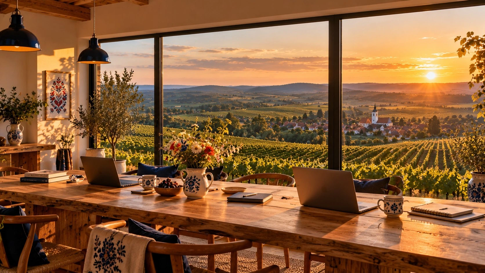 Creative studio with long oak table overlooking Moravian vineyards at sunset