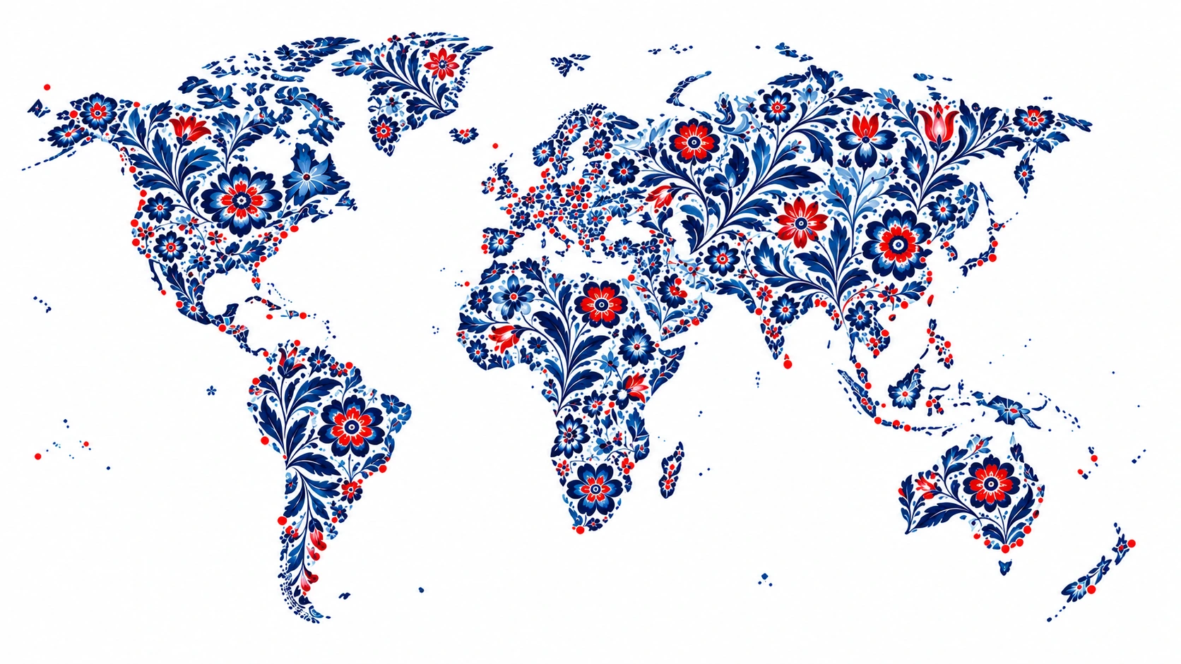 World map illustrated with blue and red Moravian folk patterns