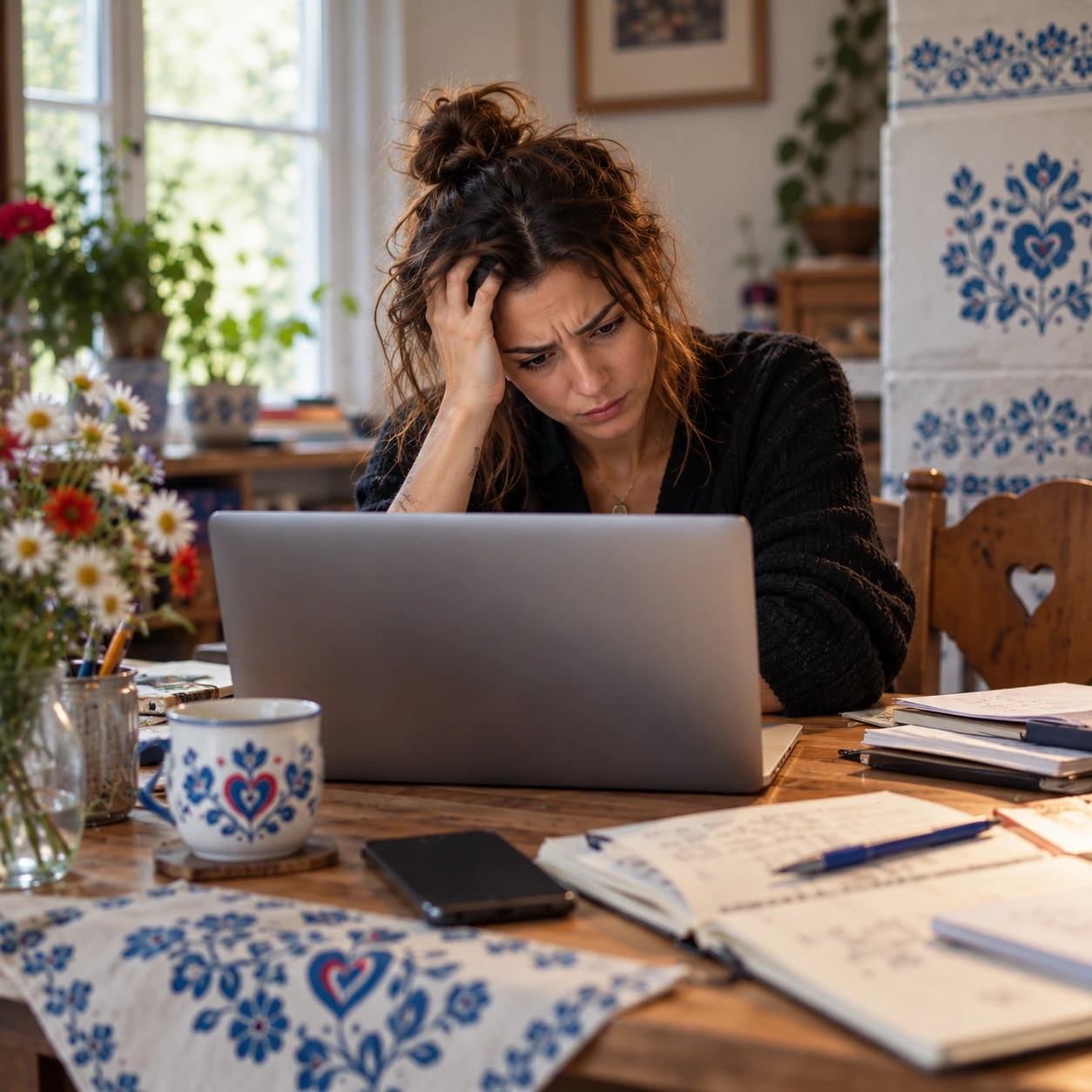 Stressed marketer working at laptop